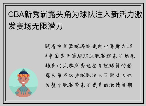 CBA新秀崭露头角为球队注入新活力激发赛场无限潜力
